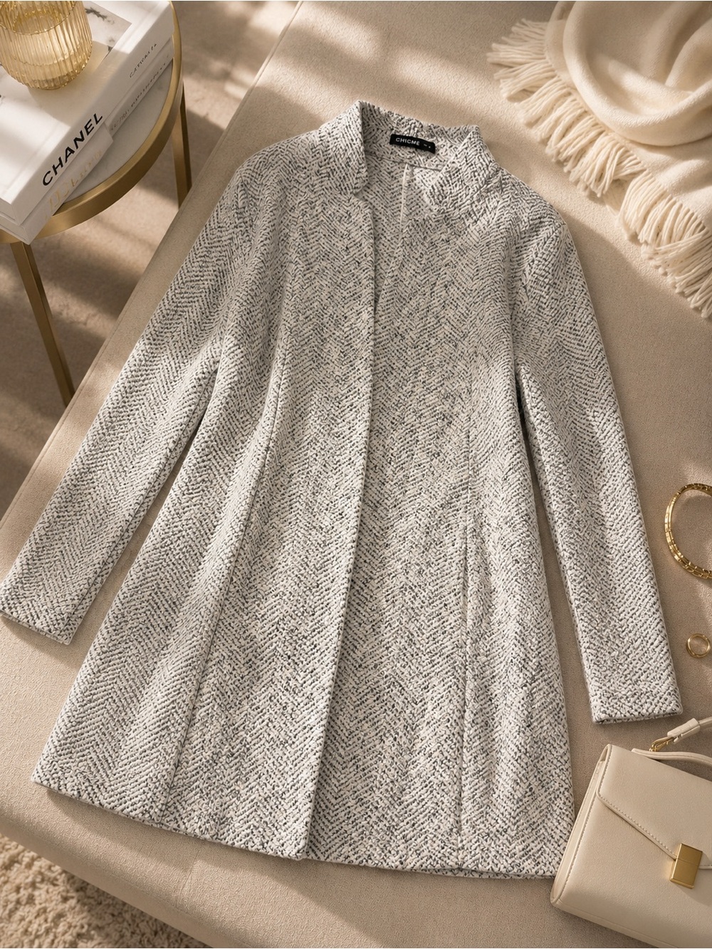 Chic Gray Tweed Open-Front Blazer Coat